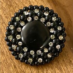 VTG 1950s Black Enamel Clear Rhinestone Large Round Circle Clip on Earring